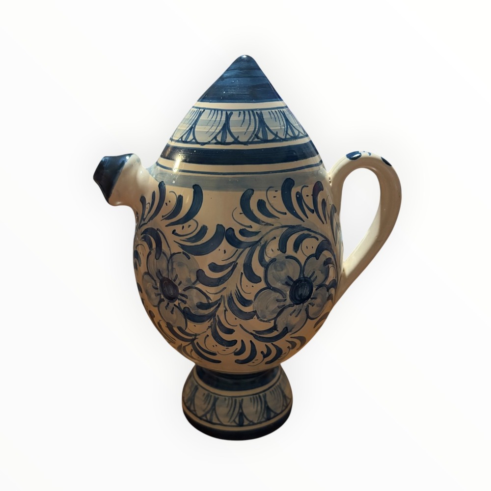 Audax Caltagirone Sicilian Ceramic Pitcher Blue White Hand Painted Italy Pottery